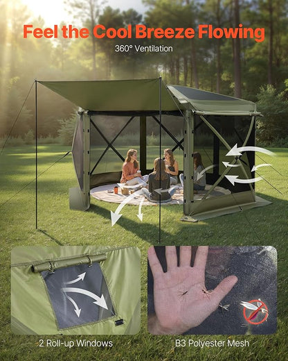 VEVOR Pop up Gazebo Screen Tent, 12 x 12 ft Large 6-Sided Camping Canopy Tent with Removable Top & Carry Bag, Quick-Set & Bite-Proof, Screen House Sun Shelter for 8-10 Persons Backyard Patio, Green
