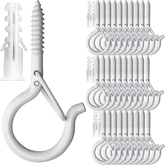 PlusRoc 30 Pack Ceiling Hooks for Hanging Plants Outdoor String Lights Heavy Duty, 2.2 Inch Eye Hook Screw in Cup Hooks Q-Hanger for Patio Lights, Wall Wood Fence Deck Mount(White)