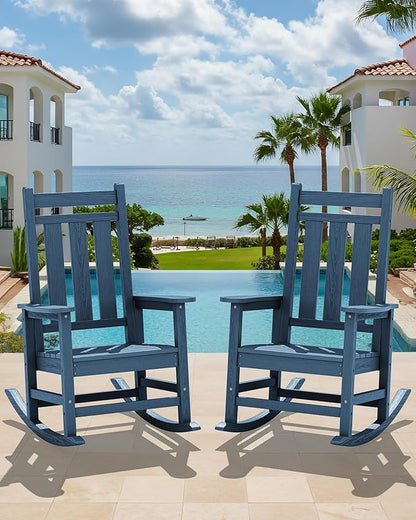 KINGYES Oversized Outdoor Rocking Chair, All-Weather Patio Rocking Chairs for Porch, HDPE Outdoor Patio Rockers with High Back & Wide Seat for Garden, Lawn, Blue