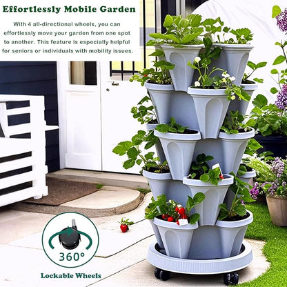 7 Tiered Strawberry Planters 2 Pack, Vertical Stackable Planter, Herb Stacking Tower Garden, Flower and Vegetable Planters with Support Pole Indoor & Outdoor with Removable Wheels - White