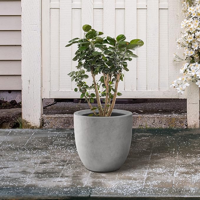 Kante 16.5" Dia Round Concrete Planter, Large Outdoor Modern Indoor Decorative Plant Pots with Drainage Hole and Rubber Plug for Home and Garden, Natural Concrete