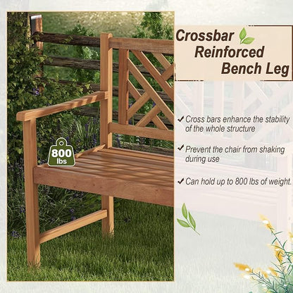 Giantex Outdoor Wooden Garden Bench - 2-Person Acacia Wood Loveseat with Armrests, Backrest, 800lbs Capacity, Patio Park Bench for Backyard, Front Porch Bench (Non-Foldable)