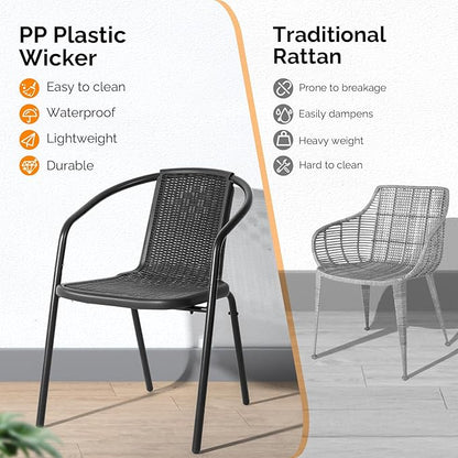 VINGLI PE Rattan Outdoor Dining Chairs Set of 2, Plastic Stackable Patio Chairs for Indoor, Porch, Restaurant, Garden, Black