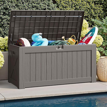 JUMMICO 120 Gallon Resin Deck Box, Large Outdoor Storage Box Waterproof & Lockable for Garden, Patio, Pools (Light Brown)