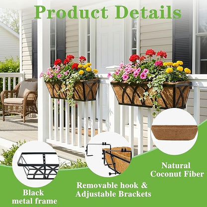 Window Deck Railing Planters Boxes with Coconut Liner, The Bottom Flat Window Boxes Planters Flower Boxes Metal Black Balcony Planter Railing Hanging for Outdoor Fence Porch Patio Lawn(4Pcs 30 Inch)