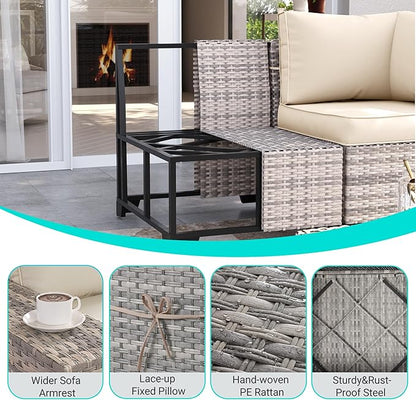 15-Piece Outdoor Patio Furniture Set with Rocking Swivel Chair Wicker Sectional Sofa Set, Patio Conversation Set with Thickened Cushions & Coffee Table for Garden, Backyard, White
