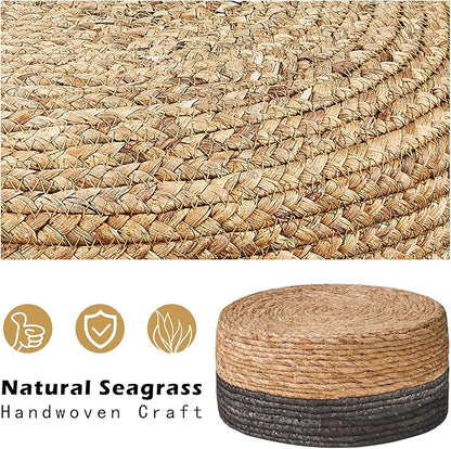 Cpintltr Ottoman Natural Seagrass Footrest Poufs Hand Weave Round Foot Stool for Couch Desk Soft Step Stool Padded Foot Rest with Pine Legs for Living Room Bedroom Natural/Black