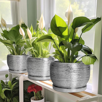SQOWL Ceramic Pot for Plants - 8 Inch Planter with Drainage Hole and Saucer, Round Planter Indoor Outdoor, Modern Decorative Flower Pot, House Decor, Gifts for Plant Lovers, Silver