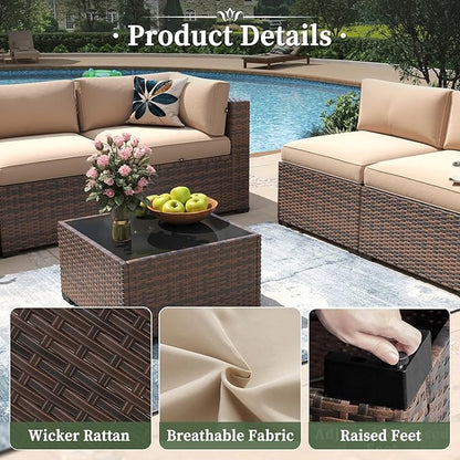 Aoxun 12 Piece Patio Furniture Set with 44” Fire Pit Table Wicker Rattan Outdoor Sectional Sofa Set with Coffee Table and Thickened Cushions, Beige (Waterproof Cover Included)