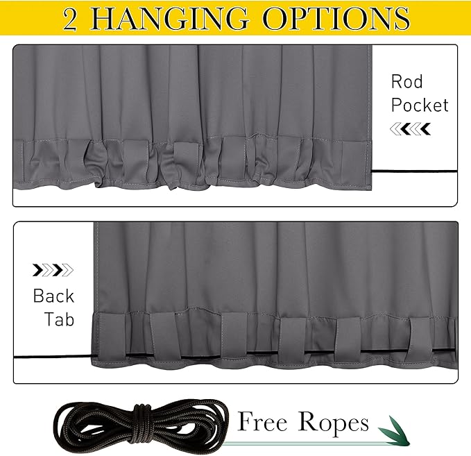 NICETOWN 2 Panels Outdoor Curtains for Patio Waterproof, W100 x L95 Windproof Extra Wide Grommet & Back Tab on Top & Bottom Thermal Insulated Sun Blocking Drapes with Rope for Gazebo, Grey