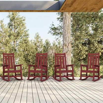 KINGYES Oversized Outdoor Rocking Chair Set of 4, All-Weather Patio Rocking Chairs for Porch, HDPE Outdoor Patio Rockers with High Back & Wide Seat for Garden, Lawn, Red