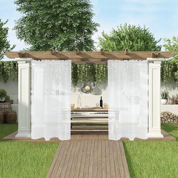 SpaceDresser Waterproof Outdoor Sheer Curtains for Patio - 2 Panels Rod Pocket Indoor Voile Sheer Curtain for Living Room,52W x 108L inch, White