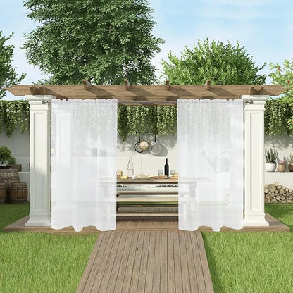 SpaceDresser Waterproof Outdoor Sheer Curtains for Patio - 2 Panels Rod Pocket Indoor Voile Sheer Curtain for Living Room,52W x 108L inch, White