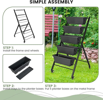 Giantex Vertical Raised Garden Bed on Wheels, Elevated Planter Raised Beds with Water Drainage, Freestanding 5 Container Boxes for Vegetables and Flowers Growing, Outdoor Indoor Patio Balcony