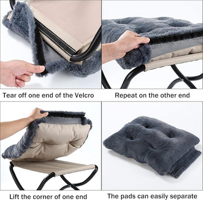 15" Foldable Foot Stool Ottoman with Metal Frame - Washable Faux Fur Navy Upholstered Indoor/Outdoor Footrest for Living Room, Bedroom, Patio - Space-Saving Compact Design