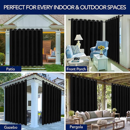 PureFit Outdoor Curtains for Patio Waterproof Weatherproof, UV Resistant Outside Curtains for Gazebo, Front Porch, Pergola, Sun Blocking Privacy Curtain, 120W x 84L inch, 1 Panel, Black