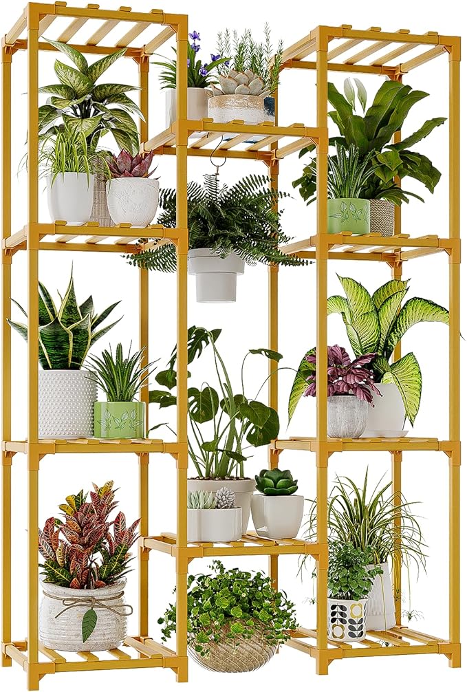 Bamworld Bamboo Plant Stand Indoor Hanging Plants Shelf for Multiple Plants Pots, Tall Large Flower Holder for Living Room, Patio, Balcony, Garden Nature Color