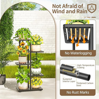 LASZOLA 4 Tier Plant Stand Indoors Outdoors for Large Heavy Duty Planter, Black Metal Tall Flower Holder Rack with Multiple Shelf for Modern Patio Corner, Vertical Organizer, Weather Resistant Bracket