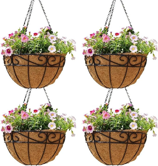 4 Pack 10 Inch Hanging Baskets for Plants Outdoor Metal Hanging Planter Hanging Flower Baskets with Coco Fiber Liners Chain Round Wire Plant Holder Hangings Flower Pots(Plaid)