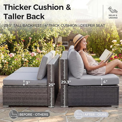 NICESOUL 29.3'' High Back Outdoor Patio Conversation Set with Firepit Natural Gas Propane Convertible, Plus Size Modular Wicker Furniture Couches, 9 Piece Modern Deep Wide Sectional Sofa, Light Gray