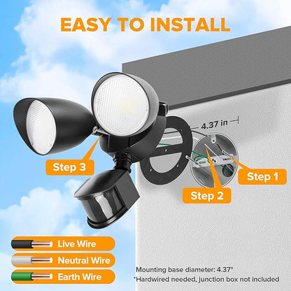 LUTEC 32W 3500 Lumen LED Security Lights Motion Sensor Light Outdoor, 5000K Daylight, IP65 Waterproof, Dusk to Dawn, Hardwired Motion Detector Flood Light for Garage, Yard, Porch-Black