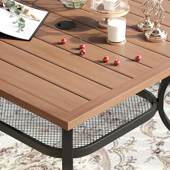 VICLLAX 5 Pieces Patio Dining Set, Outdoor Furniture Set Includes 37.8" Square Outdoor Table and 4 Stackable Patio Sling Chairs, Walnut Tabletop and Brown Fabric