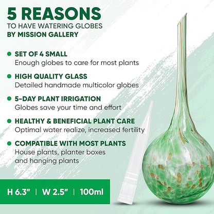 Plant Watering Globes Set of 4 - Small Self Watering Globes for Indoor & Outdoor Plants - Multicolored, Automatic, Glass Watering Bulbs for Daily Use, Plant Watering Devices