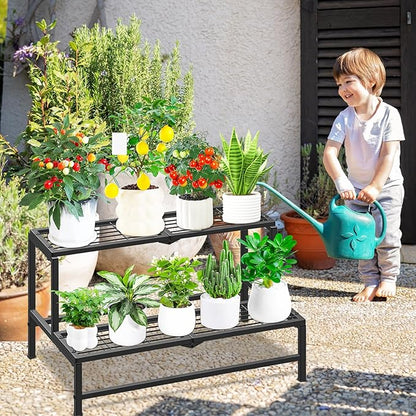 2 Tier Plant Stand Indoor Outdoor, Heavy Duty Metal Tall Plant Shelf for Multiple Flower Planter Holder, Ladder Pot Display Rack for Patio Garden Corner Balcony Living Room (Black)