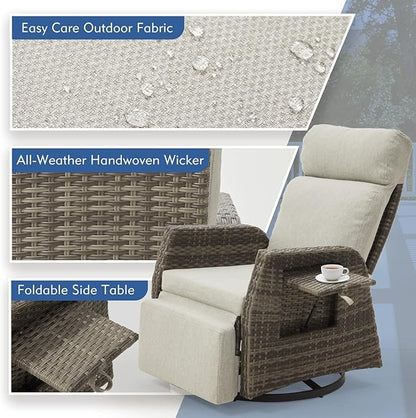Adjustable Outdoor Recliner Chair with Independent Backrest & Footrest, Patio Swivel Recliner Chair, Wicker Reclining Patio Chair w/Flip-Up Table, Air Pump 155° Lay Flat Chaise Lounge, Gray
