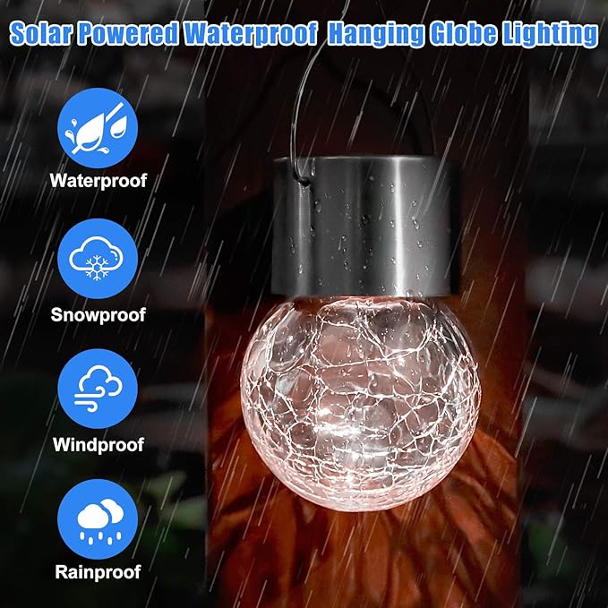 12Pack Outdoor Hanging Solar Lights - Solar Powered Crackle Glass Ball Lights Waterproof Tree Hanging Outdoor Globe Lights with Hook for Garden Balcony Patio Christmas Party Decoration, Daylight White