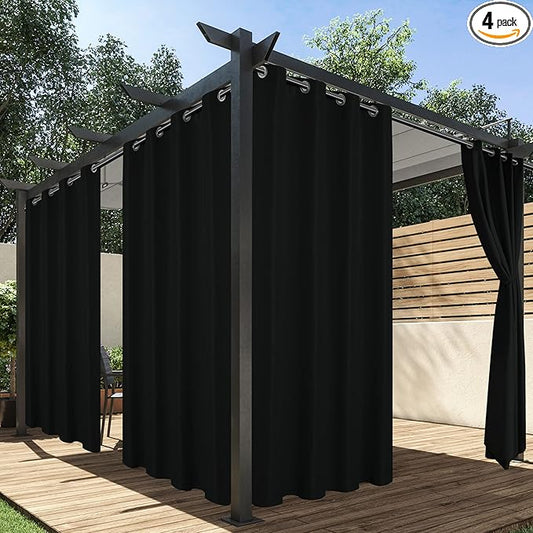 HolidayIdeas Outdoor Curtains for Patio Waterproof, 4 Panels - 54 x 108 Inch - Privacy Protection & Light Filtering Curtains Black Grommet Outside Curtains for Porch, Gazebo, Pergola, Backyard