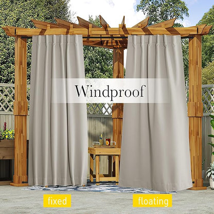 NICETOWN 2 Panels Fixed Outdoor Curtains for Patio Waterproof, Top & Bottom Pocket & Back Tab Windproof Thermal Cold & Heat Block Blackout Outdoor Drapes for Porch/Gazebo, W52 x L84, Natural