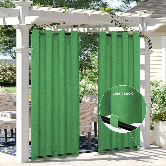 Easy-Going Linen Look Outdoor Curtains Waterproof Windproof Porch Curtains, Soft Thicken Outdoor Privacy Curtains for Patio, Gazebo, Grommet Top and Tab Bottom Drape, 1 Panel, 54x120 inch, Green