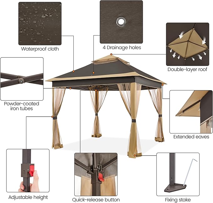 Yaheetech 11x11 Pop Up Gazebo Outdoor Canopy Shelter, Instant Patio Gazebo Sun Shade Canopy Tent with 4 Sandbags, 2 Tiers Roof & Mesh Netting for Lawn, Garden, Backyard & Deck, Brown