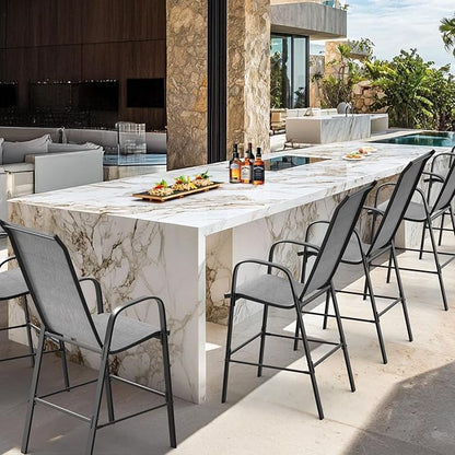 VINGLI Set of 6 Stackable Outdoor Bar Stools – Sling Chairs with High Back & Armrests, for Lawn, Garden, Bar, Grey