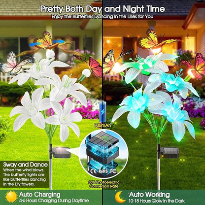 Garpar Solar Lights Outdoor Decorative, Upgraded 4 Pack Flowers with 16 Color Changing Lilies and 12 Butterflies, Brighter Waterproof Garden Decor for Yard Lawn Pathway, Gift for Mom Women Grandma