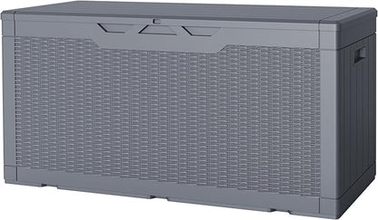 JUMMICO 100 Gallon Resin Deck Box, Waterproof Outdoor Storage Box with Lockable Lid for Garden Tools, Patio Cushions (Gray)
