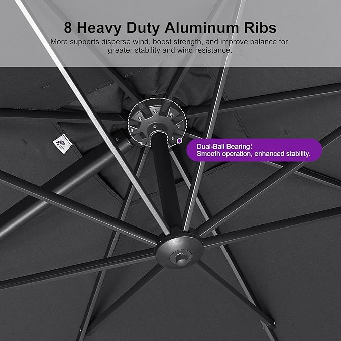 PURPLE LEAF Patio Umbrella 8' X 8' Rectangle Cantilever Umbrella Large Aluminum Outdoor Umbrellas with 360-degree Rotation & UPF40+ Premium Fabric for Deck Pool Garden Yard, Mist Grey