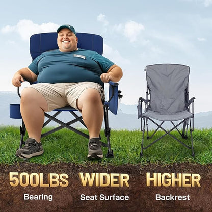 EVER ADVANCED Oversized Folding Camping Chair, for Adults Heavy Duty Lawn Chair with Side Pockets, Portable Collapsible Quad Chair for Outside, Support Up to 500lbs, Blue