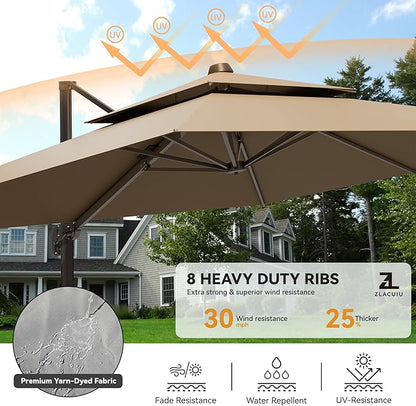 9x12FT Cantilever Patio Umbrella - Heavy Duty Double Layer Offset Design with 360° Rotation, Large Rectangle Sun Shade Umbrella for Garden, Deck, Pool, Backyard, Brown