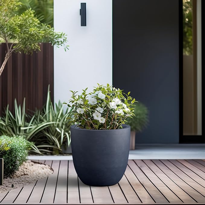 Kante 18 Inch Dia Round Concrete Planter, Indoor Outdoor Large Plant Pot with Drainage Hole and Rubber Plug for Home Patio Garden, Charcoal