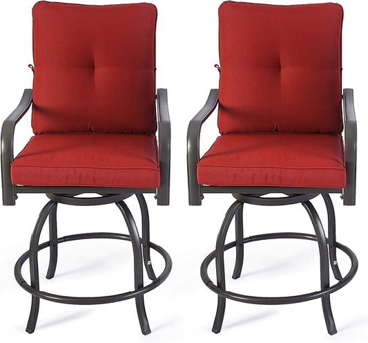 Kozyard Isabella Outdoor Swivel Bar Chairs, Counter Height Patio Bar Stools Set of 2 with Cushioned Seats, All-Weather Metal Bistro Chairs for Backyard Dining (Burgundy, with Cushion)