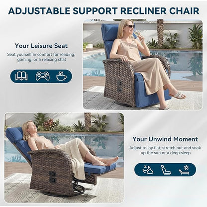 Zero Gravity Patio Swivel Rocking Recliner Chair - Wicker Outdoor Lounge Chair with Adjustable Backrest & Footrest, All Weather Reclining Rocker Chairs with Thick Cushion for Pool Deck Blue
