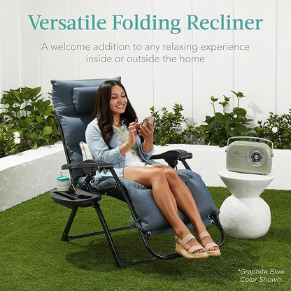 Best Choice Products Oversized Zero Gravity Chair, Folding Outdoor Patio Recliner, XL Anti Gravity Lounger w/Removable Cushion, Cup Holder, Side Tray, 350lb Capacity - Fossil Gray