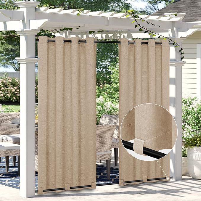 Easy-Going Linen Look Outdoor Curtains Waterproof Windproof Porch Curtains, Soft Thicken Outdoor Privacy Curtains for Patio, Gazebo, Grommet Top and Tab Bottom Drape, 1 Panel, 54x84 inch, Beige