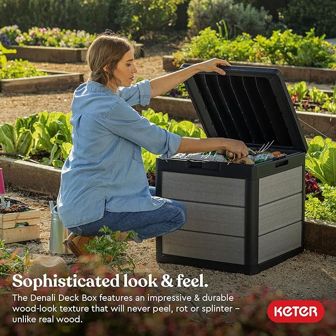 Keter Denali 30 Gallon Resin Outdoor Storage Box and Patio Furniture Side Table for Pool and Garden Accessories, Grey & Black