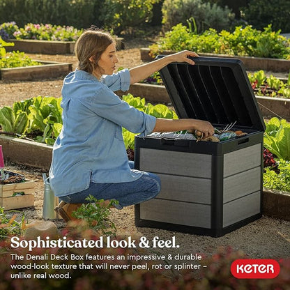 Keter Denali 30 Gallon Resin Outdoor Storage Box and Patio Furniture Side Table for Pool and Garden Accessories, Grey & Black