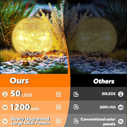 Coroor Garden Solar Ball Lights Outdoor Waterproof, 50 LED Cracked Glass Globe Solar Power Ground Lights for Path Yard Patio Lawn, Christmas Decoration Landscape Warm White(2 Pack 4.7'')