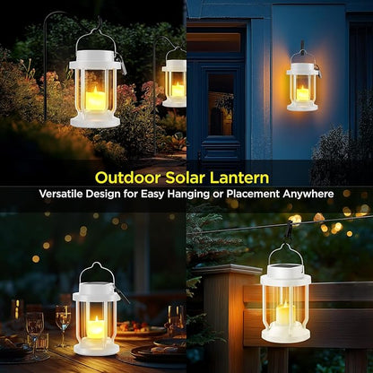 Solar Lantern Outdoor & Indoor Use – Hanging Solar Lights with Realistic Flickering Flameless Candle, Weatherproof for Gardens, Patios, Trees, and Lawns (White, 2 Pack)