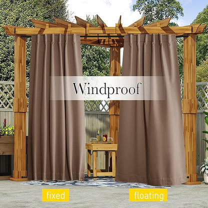 NICETOWN 2 Panels Outdoor Curtains for Patio Waterproof Top & Bottom Pocket & Back Tab, Blackout Outdoor Drapes with Rope for Fixed Windproof Keep Privacy & Warm for Porch, W52 x L95, Tan-Khaki